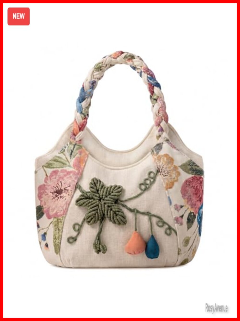 Embroidered Canvas Tote Bag Floral Multi Pocket Satchel Handbag
